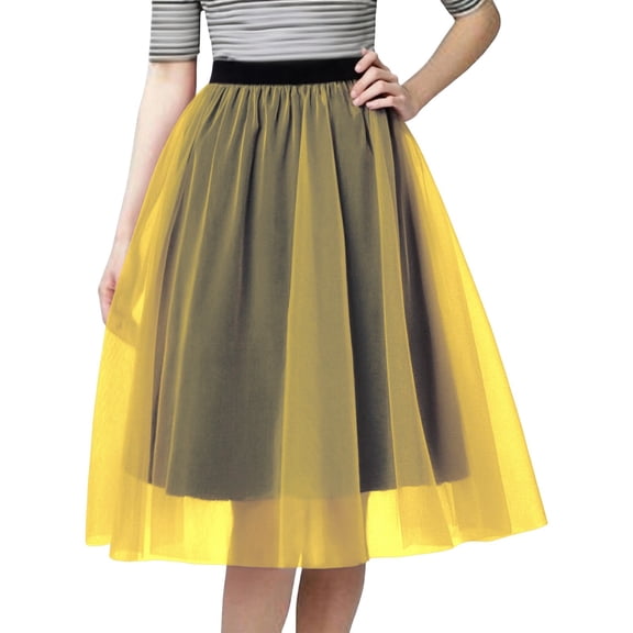 Glisme Skirts For Women Solid Color Tiered Mesh Skirt Asymmetrical Hem Party Wear With White Elegant Flowy Design For Festive Events Versatile Party Dress Yellow
