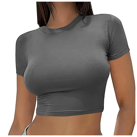 Glisme Sports Bras For Women High Support Basic T Shirts Scoop Neck Short Sleeve Crop Tops Cute Tops Slim Fit Tees Outfits For Workout Grey