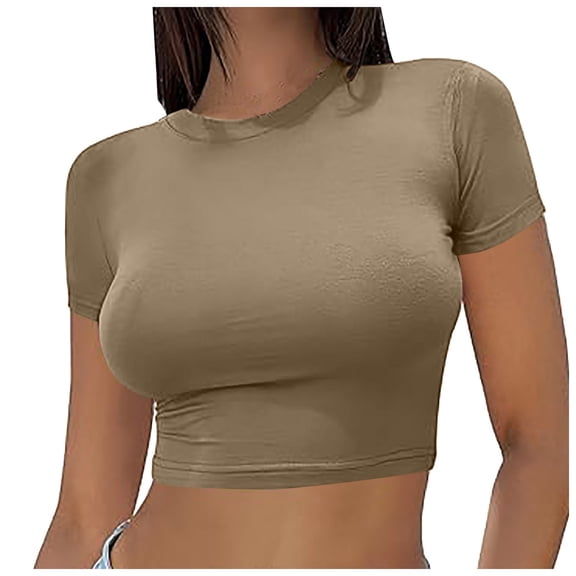 Glisme Sports Bras For Women High Support Basic T Shirts Scoop Neck Short Sleeve Crop Tops Cute Tops Slim Fit Tees Outfits For Yoga Gym Coffee
