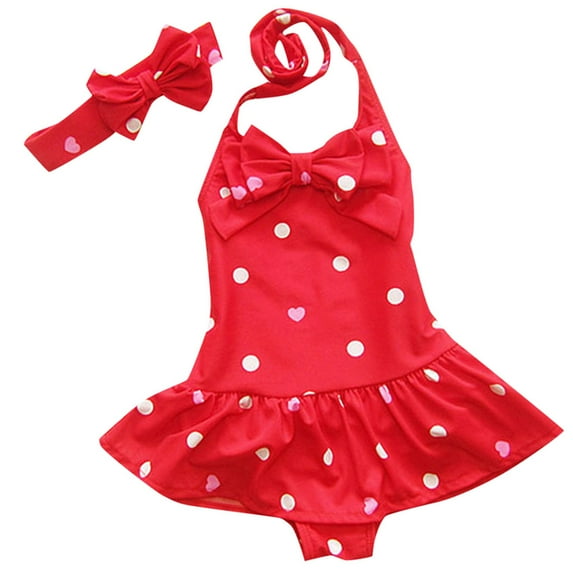 Glisme Summer Girls One-Piece Swimsuit Beach Headband Bowknot Swimwear Baby Toddler Sleeveless Matching Swimsuits Comfort Fit Bathing Suits Size 2-3 Years Red