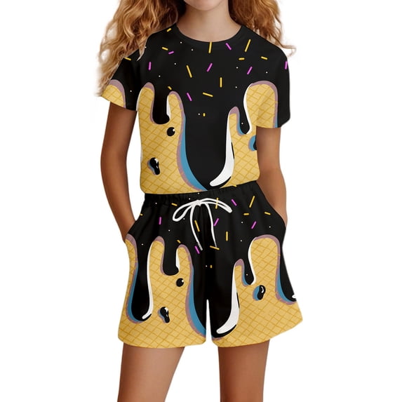 Glisme Summer Girls Outfits Short Sleeve Waffle Biscuit Ice Cream Print Outfit T Shirt Top And Pants Clothing Set For Daily Wear Black Fashion Fit Suit For Girl/4-5 Years