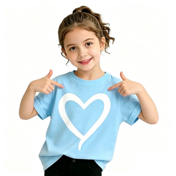 Glisme Summer Girls Shirts Heart Print Short Sleeve Crew Neck T-shirts Casual Girl Tees Size 11-12 Years Sky Blue