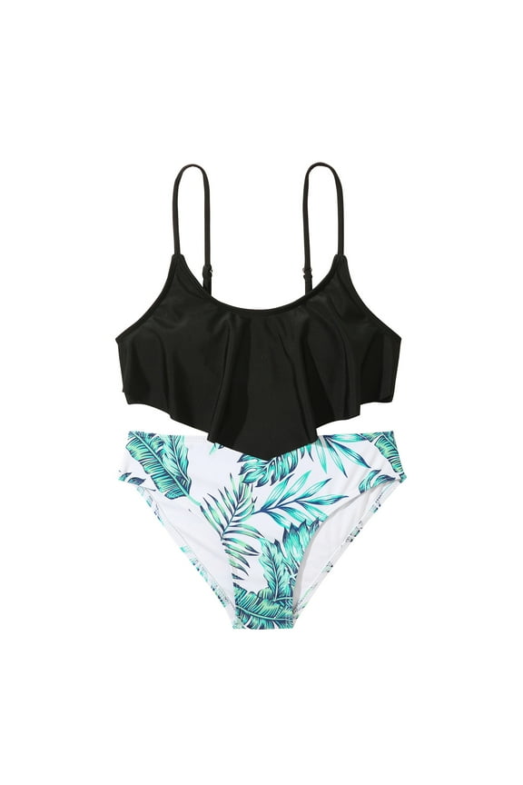 Summer Girls Swimsuit Ruffles Swimwear Outfits Hollow Bikini Set Leaves Print Graphic Bikini Set Swimsuits Cozy Bathing Suits Size 12-13 Years Black