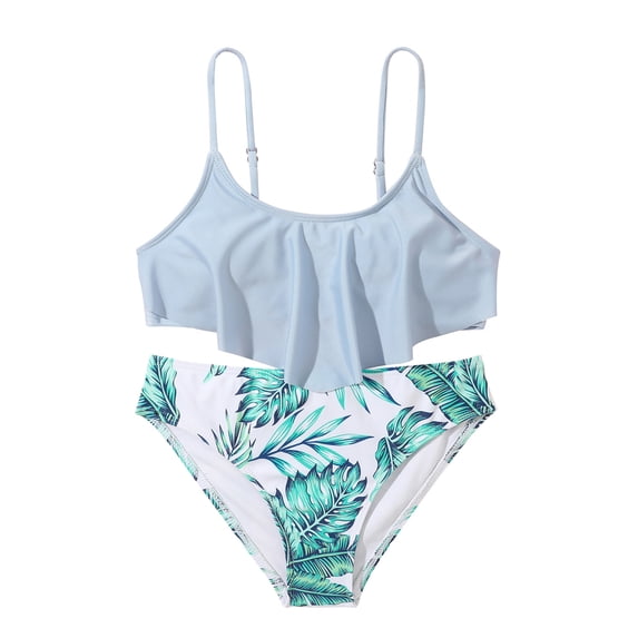 Glisme Summer Girls Swimsuit Ruffles Swimwear Outfits Hollow Bikini Set Leaves Print Graphic Bikini Set Swimsuits Relaxed Fit Bathing Suits Size 12-13 Years Light Blue