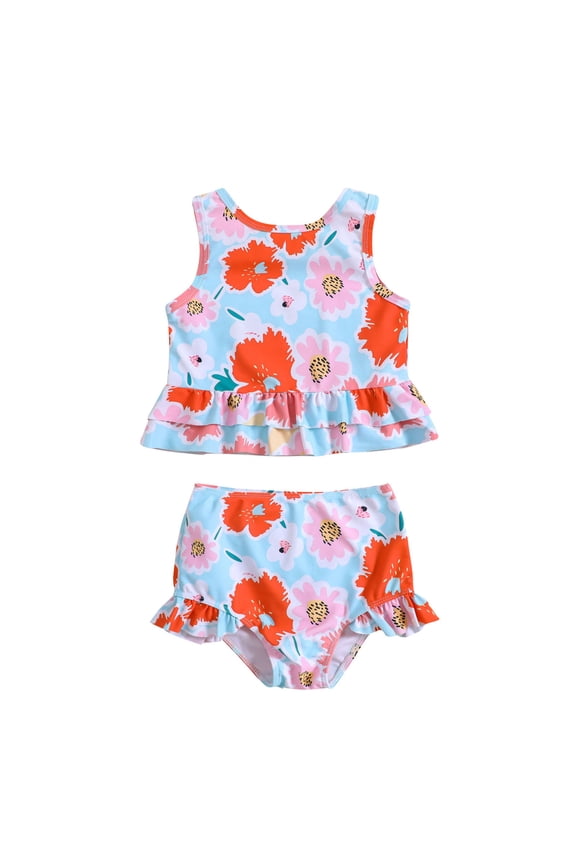 Summer Girls Swimsuit Toddler Cartoon Flower Printed Ruffles Two Piece Swimwear Swimsuits Bikini Set Relaxed Fit Bathing Suits Size 3-4 Years Blue