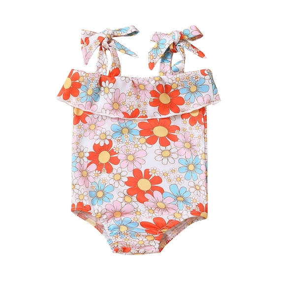 Glisme Summer Girls Swimsuit Toddler Ruffles Flowers Prints One Piece Swimwear Beach Onesie Swimsuits Bikini Set Fashion Bathing Suits Size 18-24 Months Pink