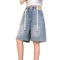 thumbnail image 1 of Glisme Summer Shorts For Girs Jean Shorts Casual Elastic High Waist Drawstring Denim Shorts With Pocket Versatile Pants Size 5-6 Years Blue, 1 of 3