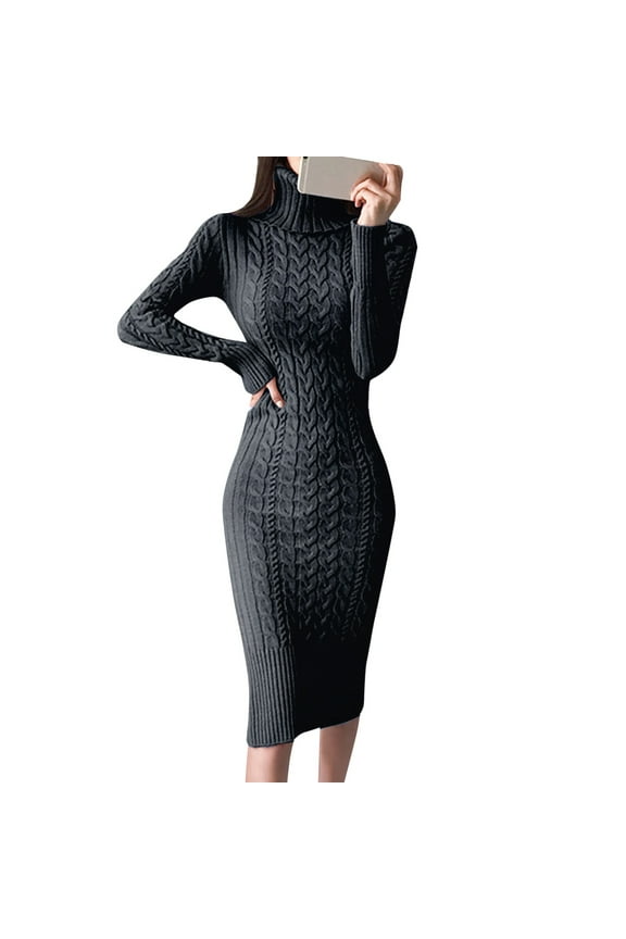 Sweater Dress For Women Long Sleeve Turtleneck Sweater Dresses Knitted Bodycon Midi Jumper Dresses Basic Winter Clothes Black