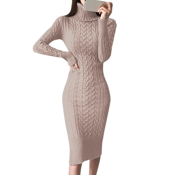 Glisme Sweater Dress For Women Long Sleeve Turtleneck Sweater Dresses Knitted Bodycon Midi Jumper Dresses Basic Winter Clothes Pink
