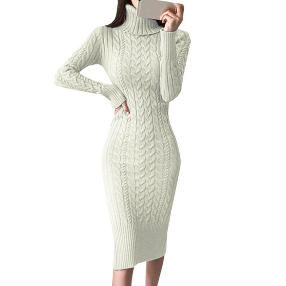 Glisme Sweater Dress For Women Long Sleeve Turtleneck Sweater Dresses Knitted Bodycon Midi Jumper Dresses Trendy Winter Clothes White