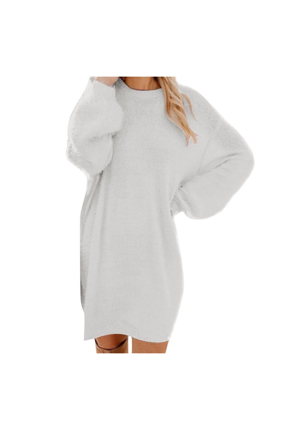 Sweater Dress For Women Winter Sweater Knit Turtleneck Warm Long Sleeve Pocket Mini Sweater Dress Trendy Winter Clothes White