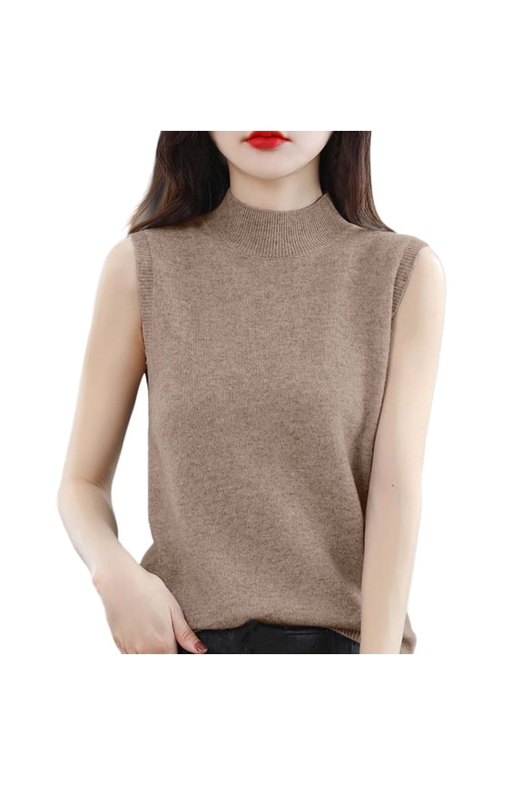 Sweater Vest Women Half Turtleneck Vest Sleeveless Bottoming Shirt Trendy Winter Clothes Khaki