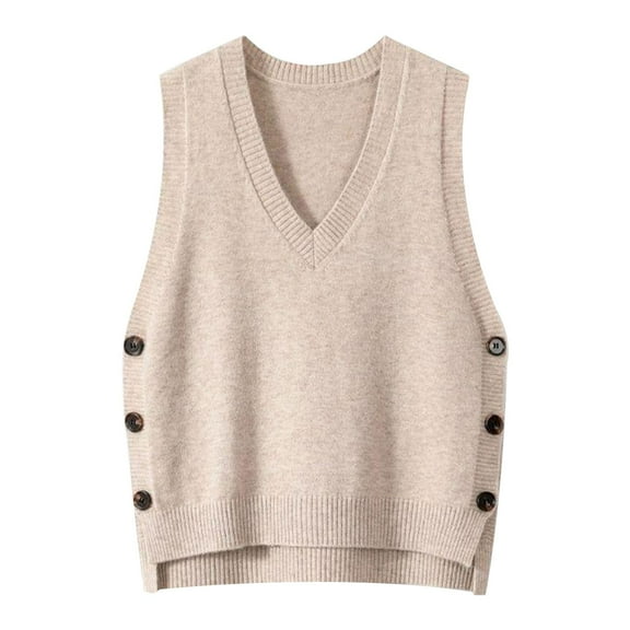 Glisme Sweater Vest Women Retro V Neck Knitted Vest For Spring And Autumn Solid Color Casual Sweater Vest Soft Tops Winter Clothes Beige
