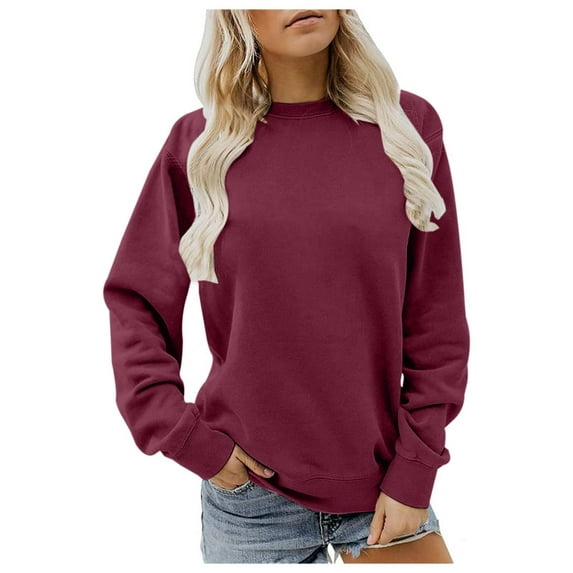 Glisme Sweatshirt For For Women Solid Color Crew Neck Long Sleeve Sweatshirt Loose Fit Athletic Versatile Pullover Modern Fit Streetwear Red