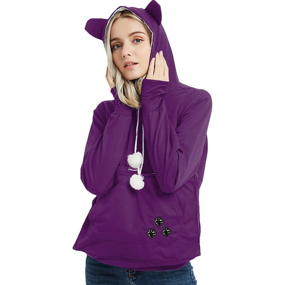 Glisme Sweatshirt For Women Autumn Winter Thermal Loose Pet Hooded Pullover Cat Dog Large Pouch Carriers Pullover Sweatshirt Basic Top Everyday Wear Purple