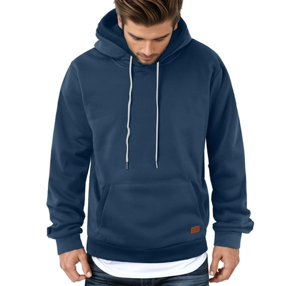 Glisme Sweatshirts For Men Couple Solid Color Hooded Sweatshirt With Pocket Long Sleeves Pullover Flexible Streetwear Dark Blue