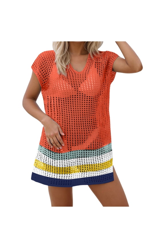 Swimsuit Coverup For Women Beach Cover Up Summer Crochet Swimwear Cover Up V Neck Boho Rainbow Trim Lace Mesh Kimono Sheer Bikini Wrap Fashion Orange Beachwear