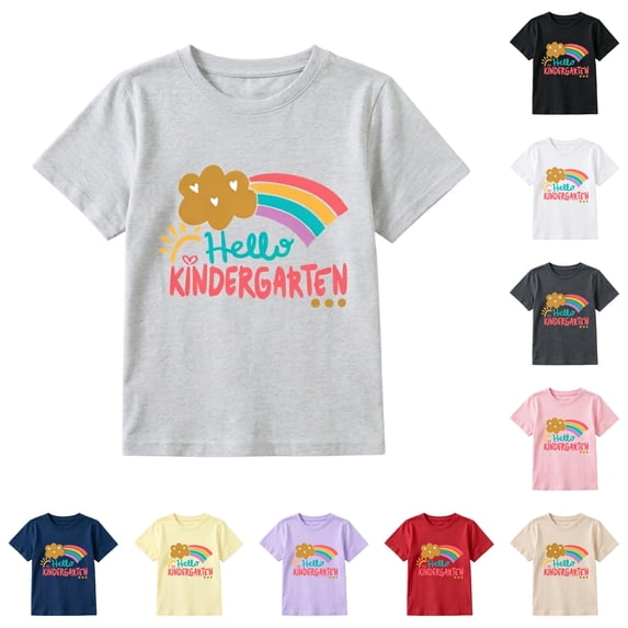 Glisme T Shirts For Girl 6-7 Years Short Sleeve Cartoon Pattern Tops O Neck Tee Simple Daily Wear Light Gray