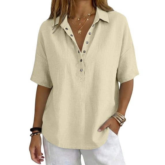 Glisme T Shirts For Women Short Sleeve Tee Turn Down Collar Solid Color T Shirt Handsome Wear Xl Beige