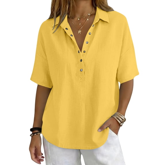 Glisme T Shirts For Womens Short Sleeve Tee Turn Down Collar Solid Color T Shirt Fashion Clothing L Yellow
