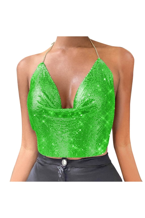 Tank Tops For Women Chain Clothes Beading Tassel Sleeveless Backless Halter Crop Top Club Vintage Tank Tops Trend Green Tee