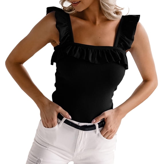Glisme Tank Tops For Women Cute Sleeveless Tank Tops Ruffle Strap Neck Solid Color Knitted Camisole Classic Black Tee