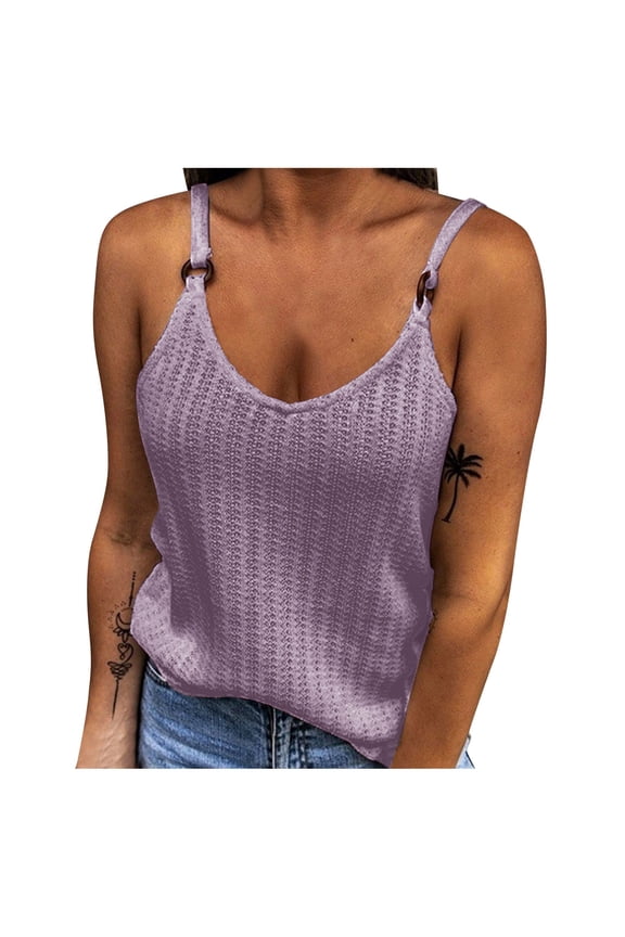 Tank Tops For Women O-Neck Sleeveless Pure Colour Camisole Knitting Vest Tops Regular Fit Purple Top