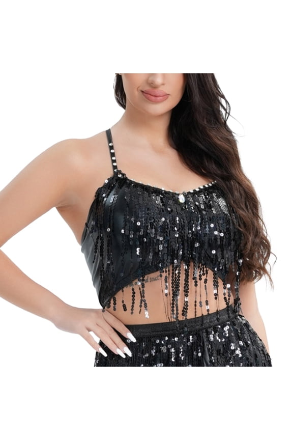 Tank Tops For Women Sequin Top V Neck Strap Sparkly Halter Vest Sparkly Sleeveless Vest Softness Black Top