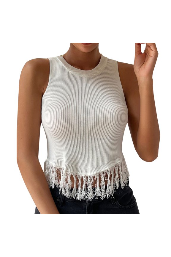 Tank Tops For Women Simple Sweater Irregular Fringe Hem Top Vest Flexible Fit White T Shirt