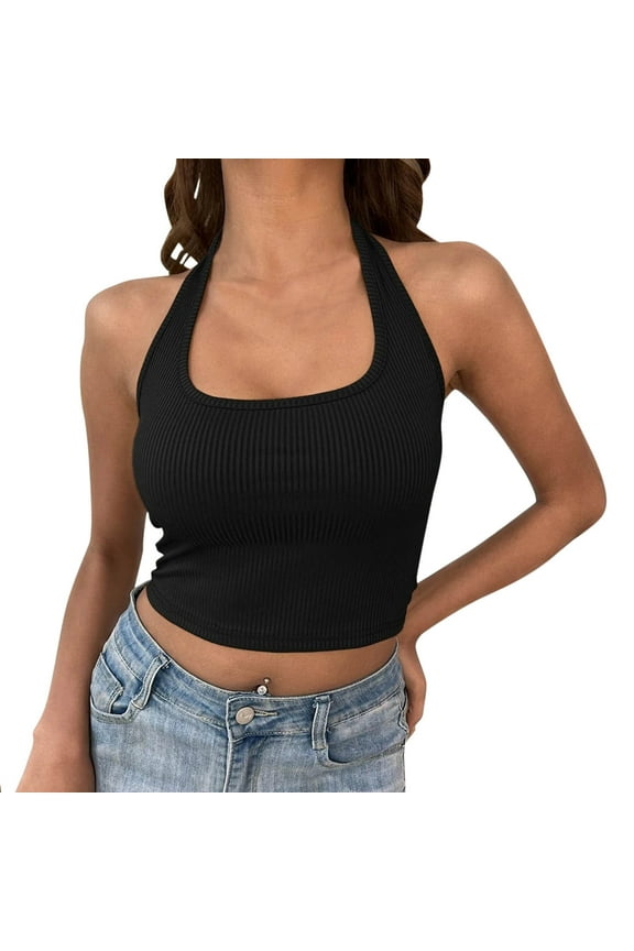 Tank Tops For Women Solid Rib Halter Neck Backless Crop Top Navel Suspender Top Classic Black Tee