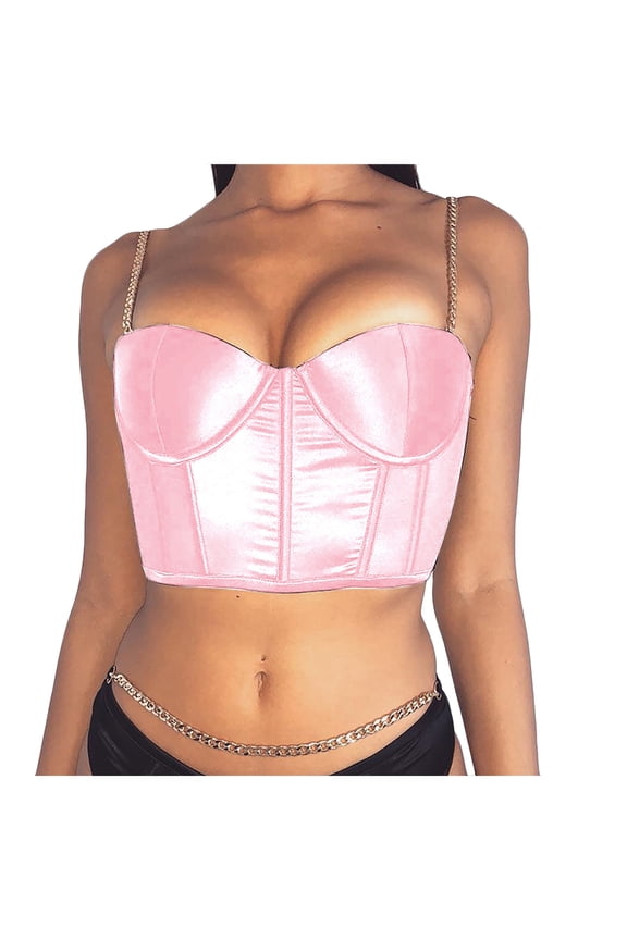 Tank Tops For Women Summer Crop Top Satin Bustier Top Chain Strap Casual Padded Flexible Fit Pink Top