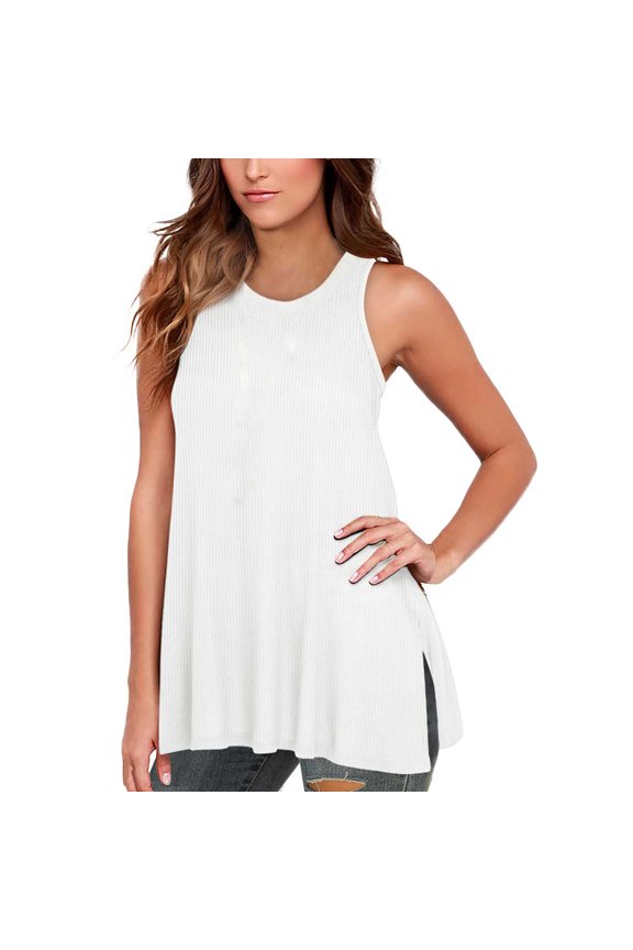 Tank Tops For Women Summer O Neck Sleeveless Tops Tunic Shirts Side Split Tank Tops Classic White Top