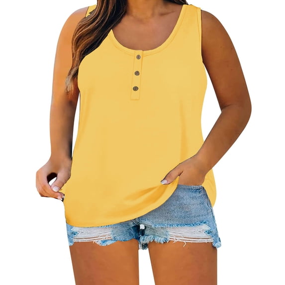 Glisme Tank Tops For Women Summer Sleeveless Floral Printed Button Plus Size Tank Tops Loose Crew Neck Vest T Shirts Tunics Top Versatile Yellow Tee