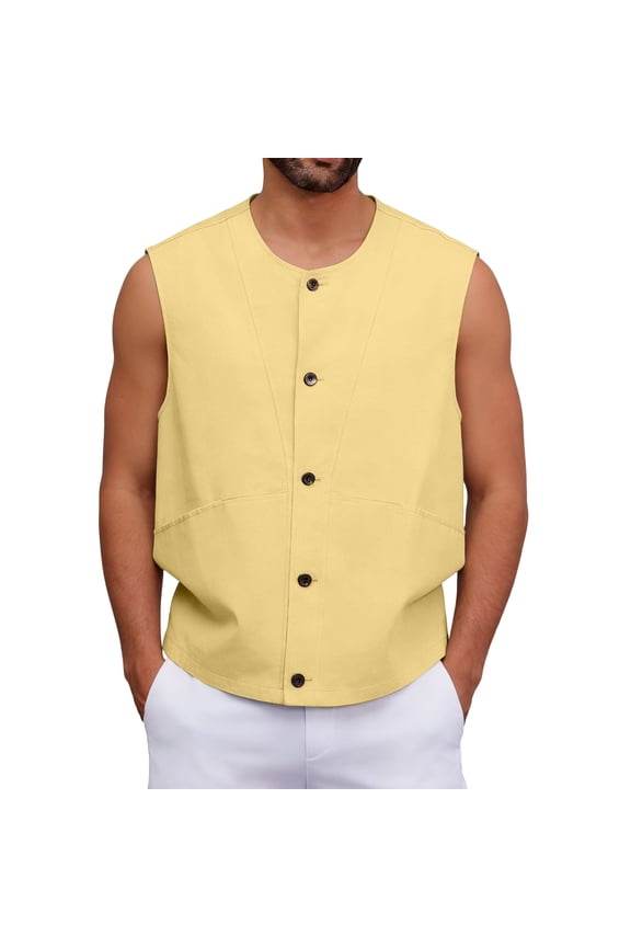 Tank Tops Men Pocket Vest Sleeveless Jacket Workwear Outdoor Casual Athletic Tank Top Breathable Gym Athletic Top Yellow