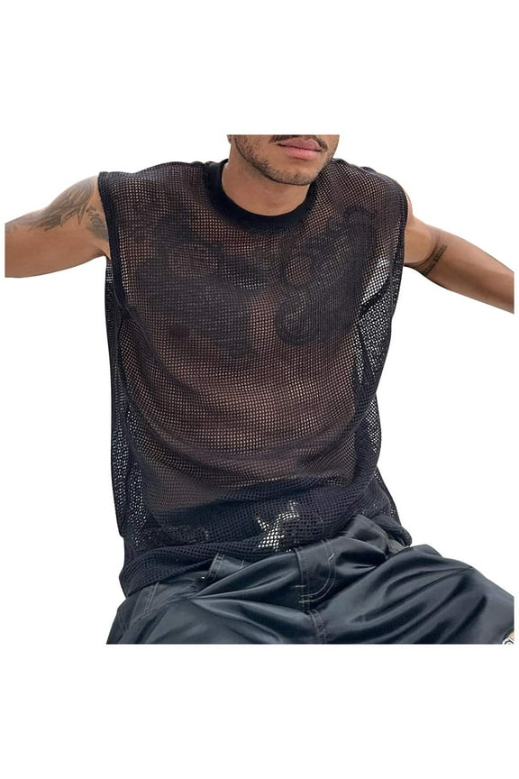 Tank Tops Men Summer Round Neck T Shirt Loose Casual Sleeveless See Through Vest Stretch Tank Tops Black