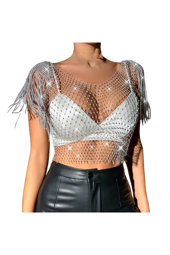 Tank Tops For Women Rhinestones Crop Tank Top Sleeveless Fringe Shawl Wrap See Through Bikini Cover Up Mesh Body Chain Regular Fit Silver T Shirt