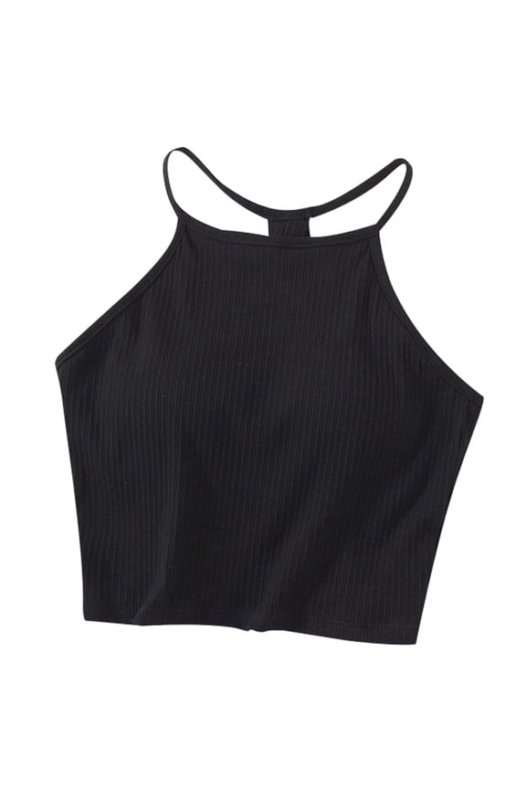 Tank Tops For Women Solid Color Threaded Chest Pad With Navel Strap Hanging Neck With Cotton Bra Thin Shoulder Strap Cup Integrated Sports Top Softness Black Tee