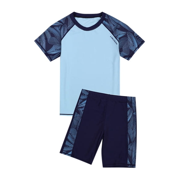 Glisme Teen Boys Swim Set Swimsuits Set For 2 Piece Short Sleeve Swim Shirts Bathing Suits With Trunks Classic Playsuit Blue 12-14 Years