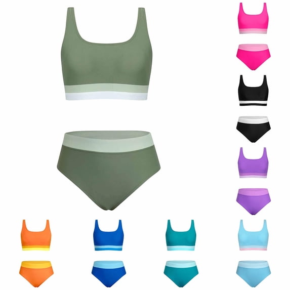 Glisme Girls Swimsuit 16-17 Years Color Block Bikini Set Square Neck Crop Top High Waist Bottom Two Piece Swimwear Bathing Suit For Beach And Pool Retro Beach Wear Green