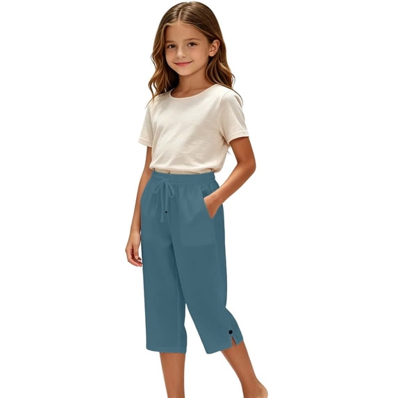 Glisme Teen Girls Trousers Solid Color With Pockets And Drawstring Autumn Comfortable Girls Straight Leg Pants Size 13-14 Years
