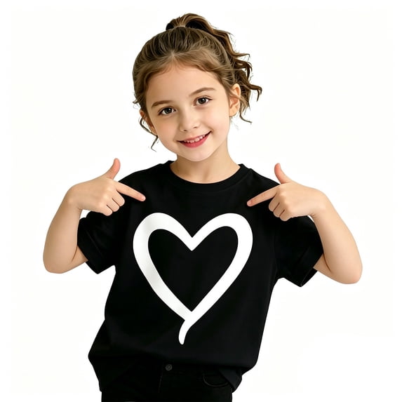 Glisme Tees for Girls Heart Print Short Sleeve Crew Neck Tops Summer Breathable Girl T-Shirt Size 3-4 Years Black