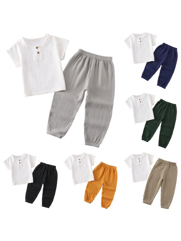 Toddler Boy Outfits 4-5 Years Short Sleeve Button Tops Pants 2 Pieces Solid Color Coordinates Match Set Casual Clothes Grey