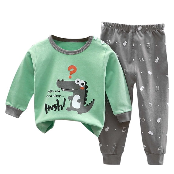 Glisme Toddler Boy Pajamas Long Sleeve Cartoon Prints T Shirts Pants Round Neck Sleepwear Basic Loungewear 12-18 Months Green