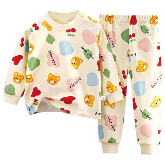Glisme Toddler Boy Pajamas Long Sleeve Cartoon Prints T Shirts Pants Round Neck Sleepwear Lovely Wear 18-24 Months Beige