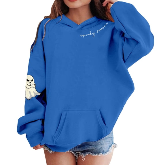 Glisme Toddler Boys Girls Helloween Shirts Tiny Ghost Graphic Long Sleeve Hooded Fall Season T-Shirt Kid Boys Girls Loose Fit Hoodies Size 2-3 Years Blue