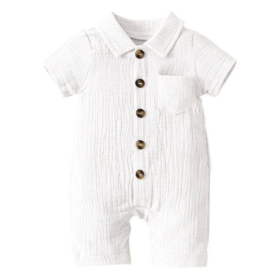 Glisme Toddler Boys Onesies 12-18 Months Crewneck Full Snap Down Front Romper Short Sleeve Solid Color Jumpsuit Classic Playsuit White