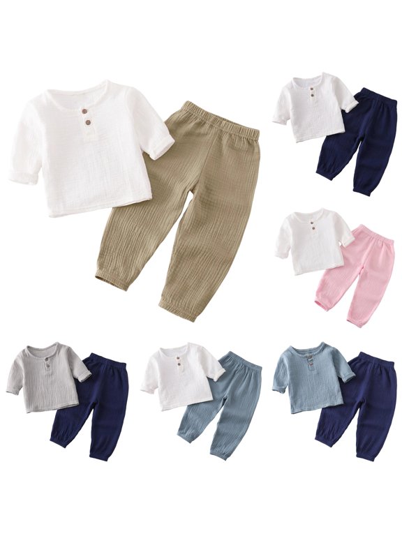 Toddler Boys Outfits 12-18 Months Short Sleeve Button Tops Pants 2 Pieces Solid Color Match Set Classic Clothes Brown