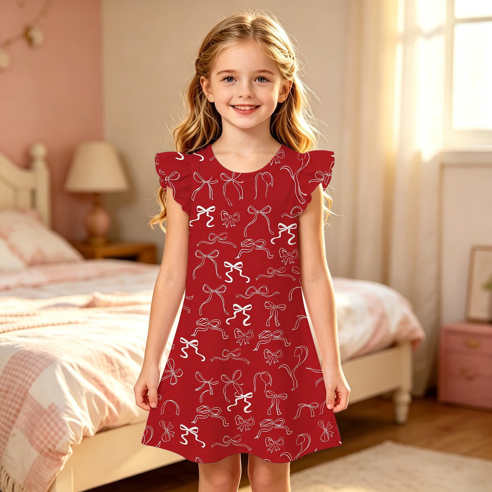 Red Foshon Glisme Toddler Girl'S Dress O Neck Sleeveless A Line Pjs Dress Cartoon ...