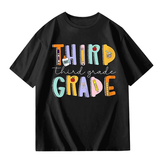 Glisme Toddler Girls Back To School Tees Letter Print Short Sleeve Crew Neck Fall Comfortable Girls T-Shirt Size 3-4 Years Black