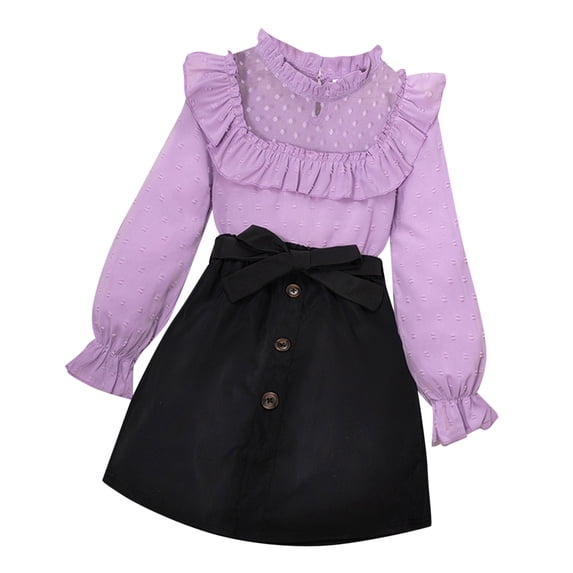Glisme Toddler Girls Clothing Set Kids Child Girls Long Ruffled Sleeve Nylon Lace Patchwork Tops Solid Skirt 2Pcs Outfit Set Size 8-9 Years Purple Outfits Set For Girl
